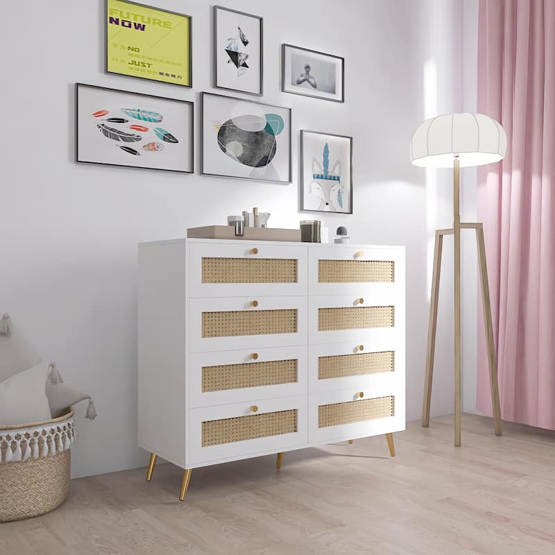 8 Drawer Rattan Double Dresser, Wide Wooden Storage Organizer, Clothes Storage Cabinet with Angled Legs and Golden Handles
