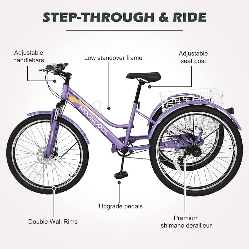 DoCred Mountain Tricycle 7 Speed 3 Wheel Bike with Basket