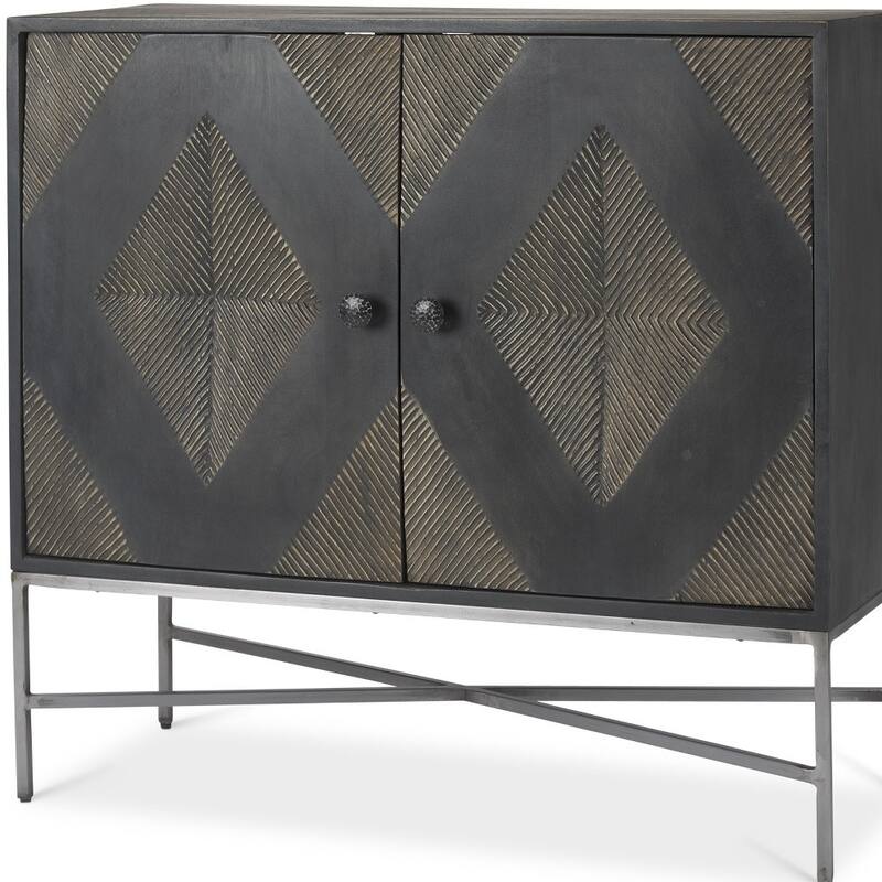 HomeRoots 36" Dark Brown and Silver Solid Wood and Iron Carved Geometric Accent Cabinet With Two Doors