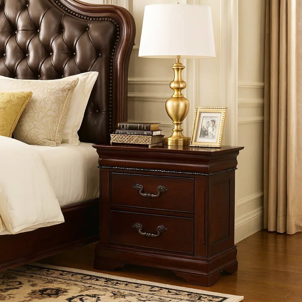 2 Drawer Wooden Nightstand with Hidden Top Drawer and Metal Handles, Brown