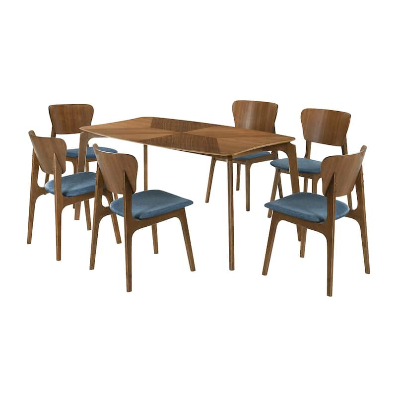 Kalie 7 Piece Dining Table Set with 6 Chairs, Blue Fabric, Walnut Brown - Brown, Blue