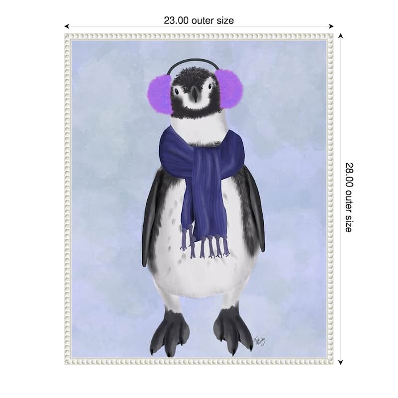 Penguin Ear Muffs by Fab Funky (23 x 28 in.), Framed Canvas Wall Art Print - Sylvie Beaded White