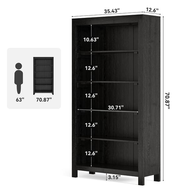 dimension image slide 1 of 2, 5-Tier Tall Heavy Duty Floor Bookcase, Solid Wood Large Bookshelf