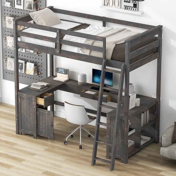 slide 2 of 17, Loft Bed with U-shaped Desk, Drawers and Storage Shelves,Twin Size, Study or Leisure Space, Brown Brown
