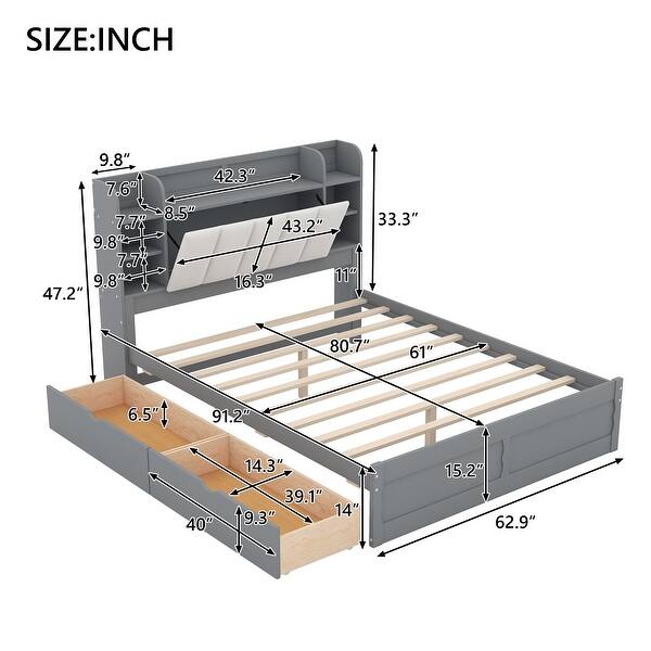 dimension image slide 0 of 2, Wood Queen Size Platform Bed with Storage Headboard, Shelves and 4 Drawers