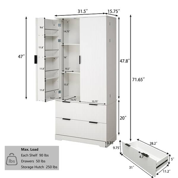 dimension image slide 2 of 3, Modern Wooden Kitchen Pantry Cabinet with Fluted Doors 2 Drawers and Built-In Spice Racks Oak by GDFStudio