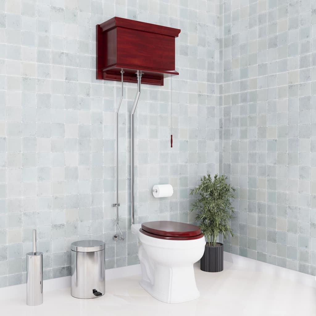 High Tank Toilet - Cherry Wooden Tank, Elongated White Bowl and Chrome L Pipes Renovators Supply