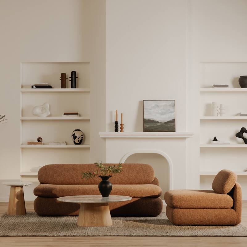 NADAAL STUDIOS Eden Coffee Table, Round Raj Grey Marble Top with Oak Veneer Base, Contemporary Design, White