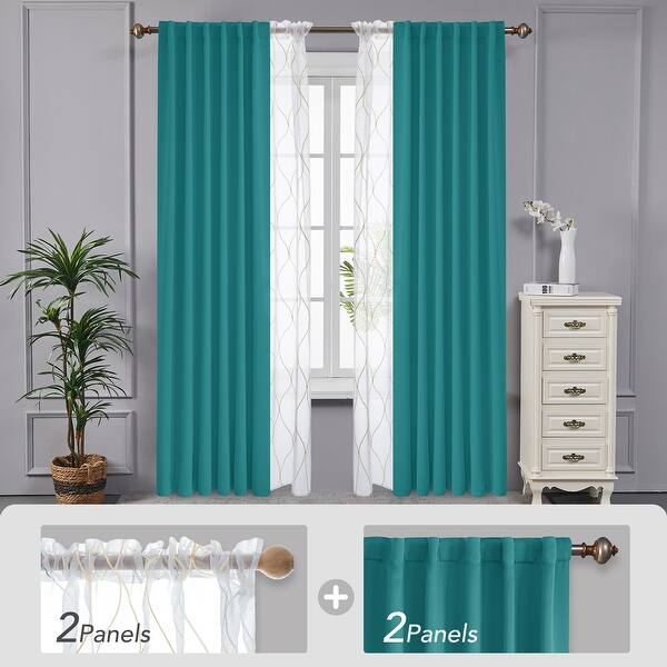 slide 2 of 44, Deconovo Mix & Match Blackout and Embroidered Sheer 4 Piece Curtain Panel Set 52x95 Inch - Turquoise