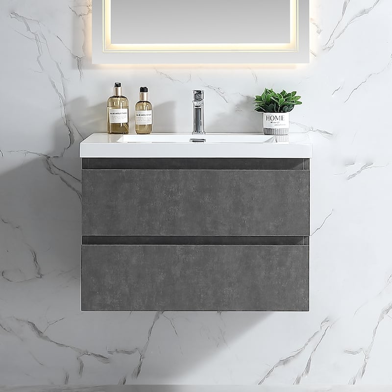 Floating Bathroom Vanity 24"-48" – Cement Gray Finish, White Integrated Sink