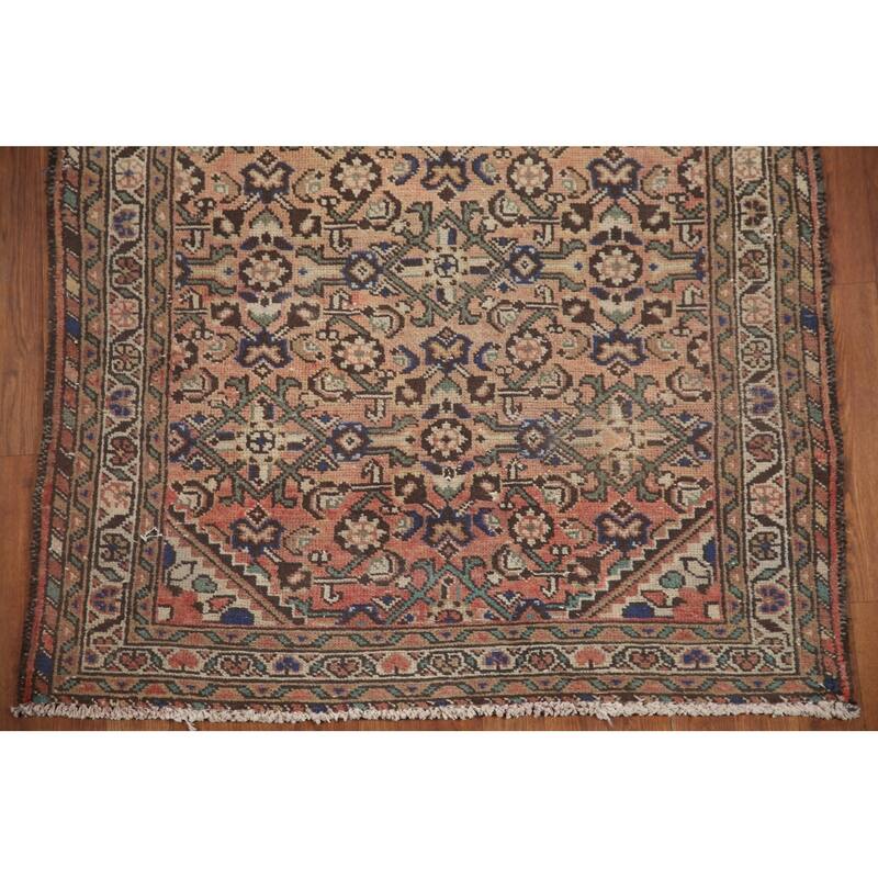 Hand Knotted Oriental 100% Wool Carpet Traditional Geometric Peach Hamedan Runner Rug - 11' 3'' X 3' 6''