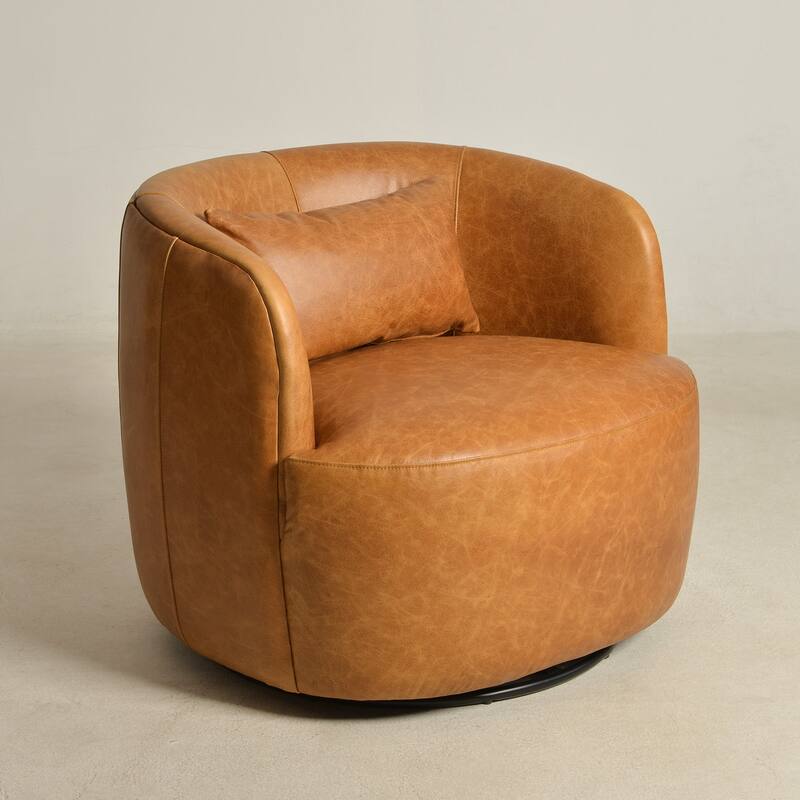 KINWELL 100% Top Grain Genuine Leather Swivel Armchair with Pillow