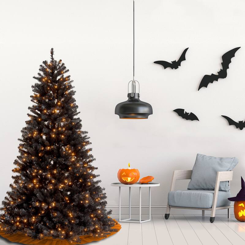National Tree Company Halloween Pre-Lit Artificial Full Tree, Black, North Valley Spruce, White Lights, Includes Stand, 7 Feet