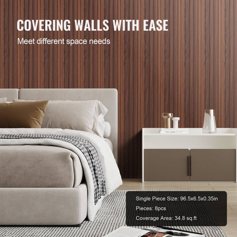 34.8 Sq Ft WPC Acoustic Wall Panels 8 Pieces Fire-Resistant Slat Design for Soundproof Room Decor - 96.5" x 6.5" x 0.35"