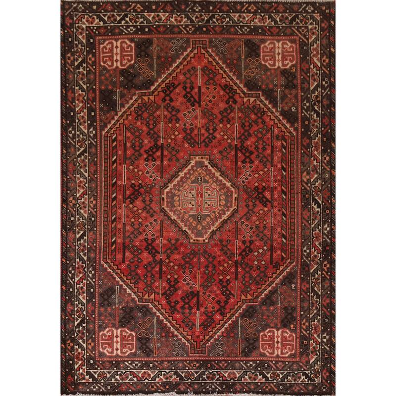 Red Qashqai Persian Vintage Area Rug Handmade Wool Carpet - 5'2"x 7'8"