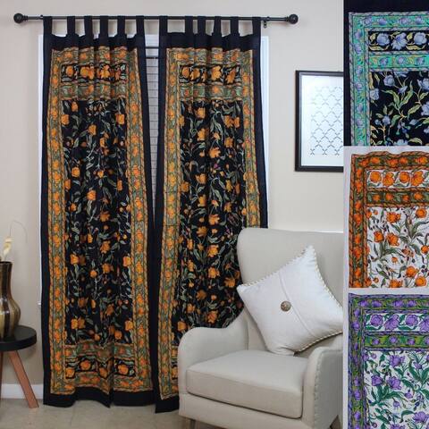 Handmade French Floral Tab Top Curtain 100% Cotton Drape Door Panel in Ivory Blue Black Amber & Violet - 44 x 88