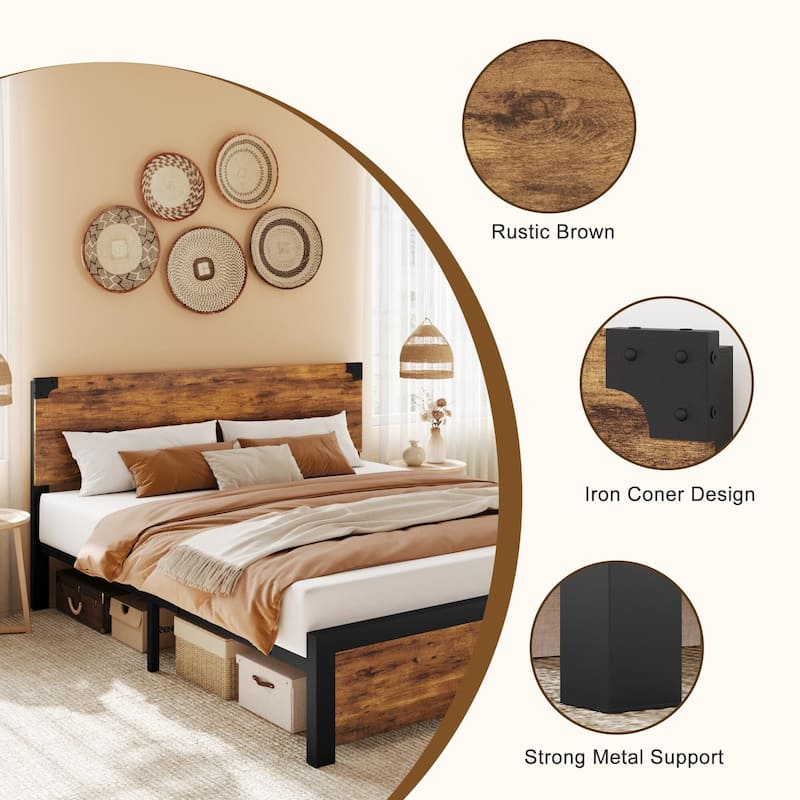 Bed Frame with Wood Headboard, Platform Bed Frame with Under Bed Storage