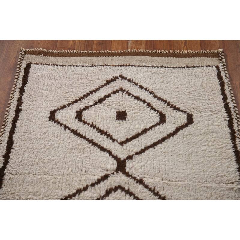 Geometric Beige Anatolian Runner Rug Handmade Wool Carpet - 3'1"x 10'4"