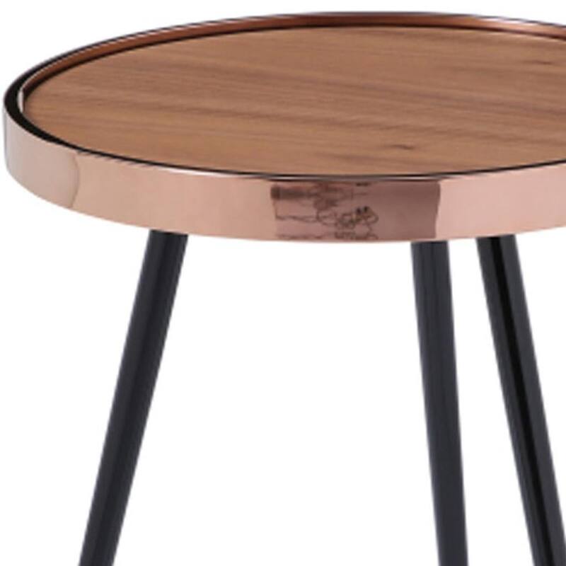 HomeRoots 20" Walnut Black And Rose Gold Wood and Stainless Steel Round End Table - 18.00 in. x 20.00 in. x 18.00 in.