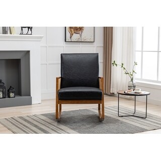 PU Leather Rocker Chair Accent Chairs, Solid Wood Armchair, Black PU ...