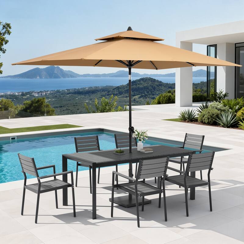 Set of 9 Outdoor Patio Dining Set WoodLike Aluminum Umbrella Hole Table with Stackable Armchairs, Market Umbrella Set - GreyTable&GreyChairs&TanUmbrella