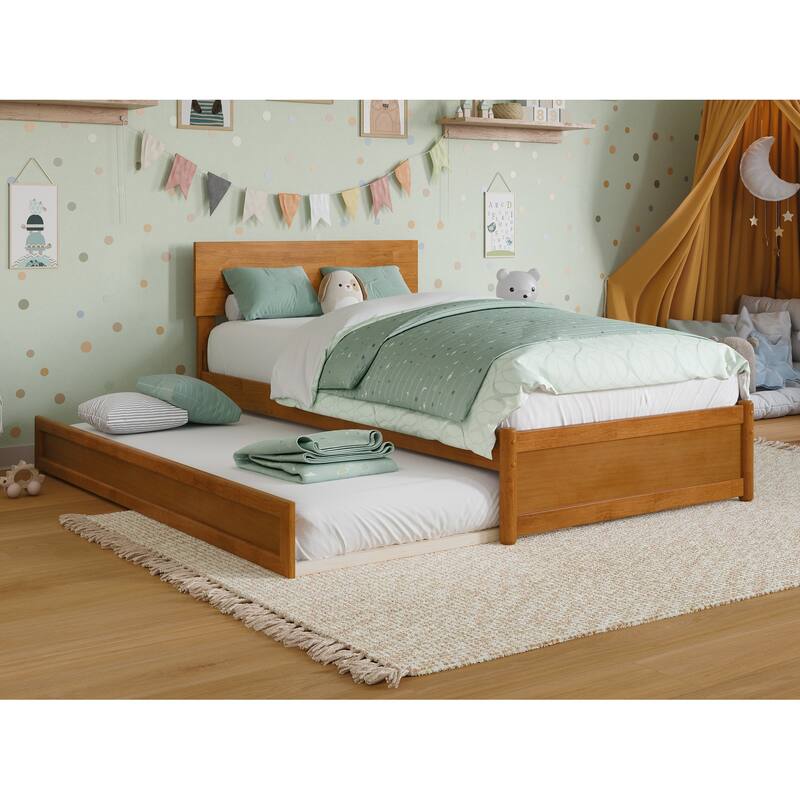 Wesley Platform Bed with Panel Footboard and Twin Trundle - Light Toffee - Twin