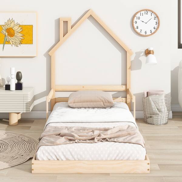 slide 2 of 14, Twin Size House-Shaped Headboard Floor Bed with Handrails , Slats Natural