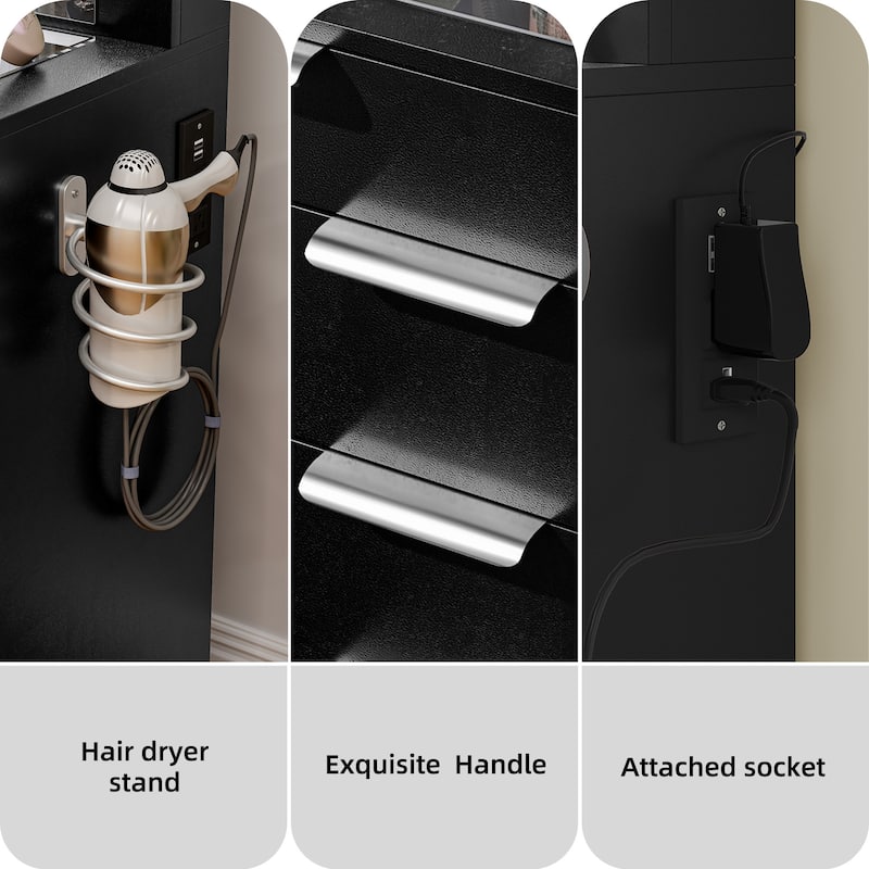 Moasis Mirror and Lights Vanity Desk Makeup Vanity Set with Glass Top and 10-Drawer, Charging Station, Dressing Table