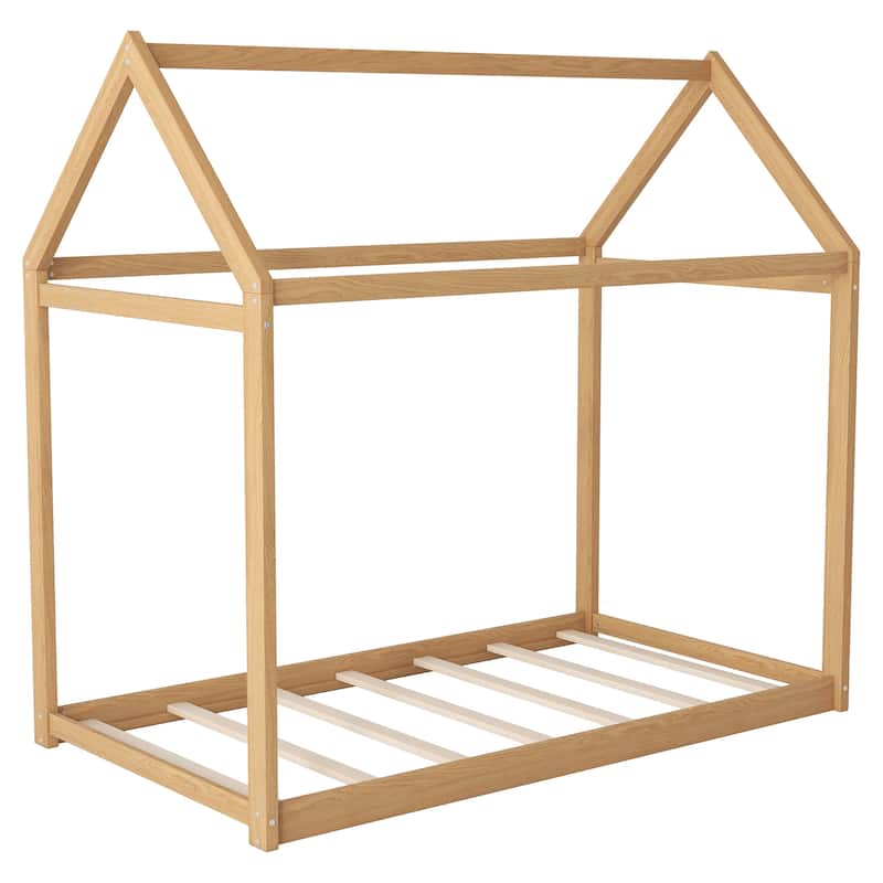 Solid Pinewood Twin Size House Shaped Floor Bed Frame with Roof Design