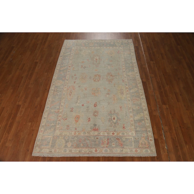 Transitional Blue Oushak Turkish Rug Hand-Knotted Wool Carpet - 5'1"x 8'0"
