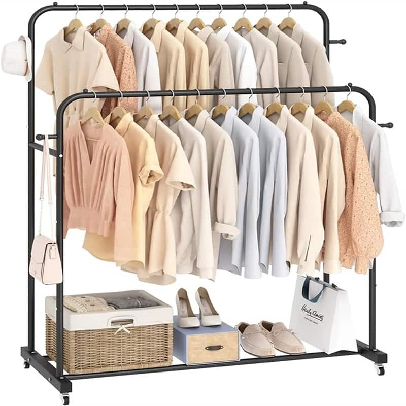 Double Rods Garment Rack with Wheels - 16.73"D x 39.76"W x 66.55"H