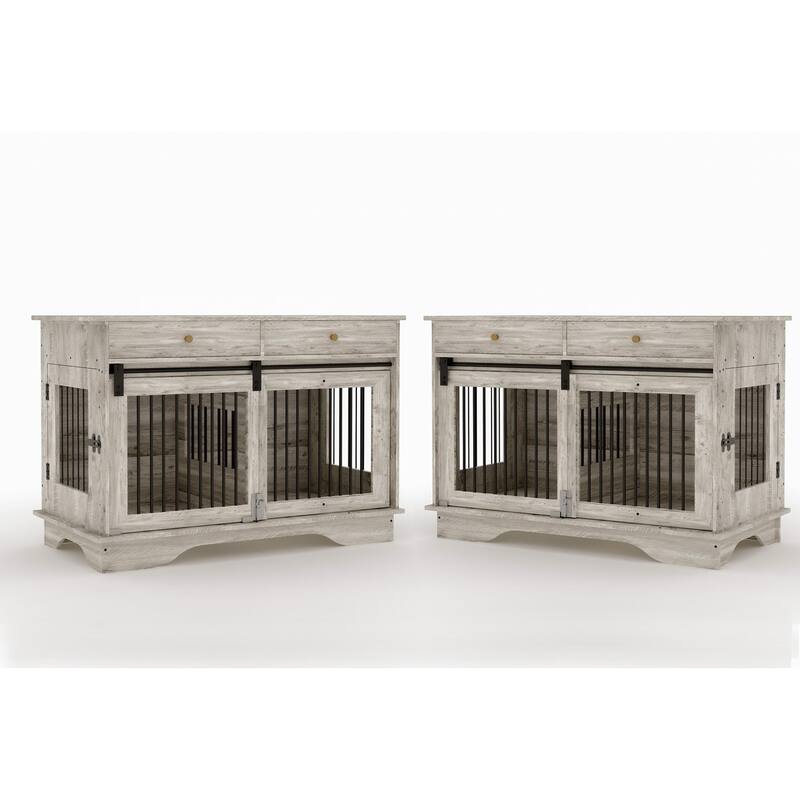 47" Dog Crate Furniture,Dog Crate Table with Drawers & Divider - Grey_2pack