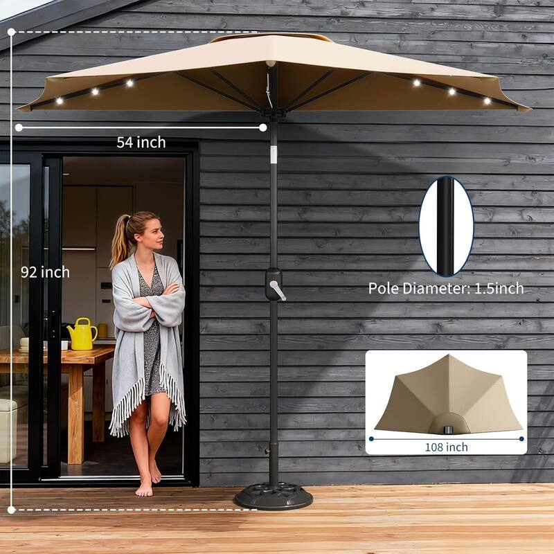 9FT Half Patio Umbrella with Smooth Crank Lift, Shade Canopy for Patio, Backyard, Garden with LED Lights (No Base)
