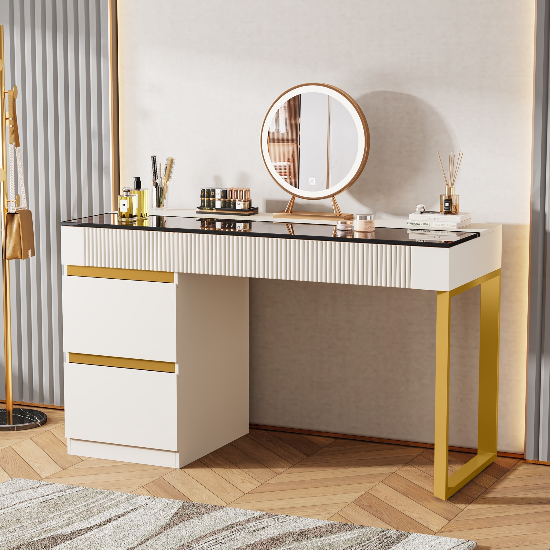 Modern Vanity Desk 4 Drawers Makeup Vanity Table Glass Top Makeup Dresser Desk Bed Bath Beyond 39202800