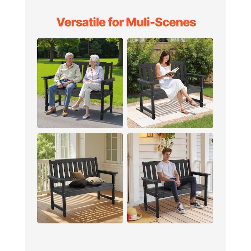 50.5-Inch Black Outdoor Bench with Backrest Armrests for Porch Patio Garden and Backyard Relaxation - 50.5” x 24.4” x 36.6”