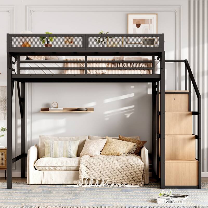 Twin XL / Full Size Loft Bed with Storage Stairs and Open Wardrobe, Metal Kids Bed Frame with USB Ports and LED Lights