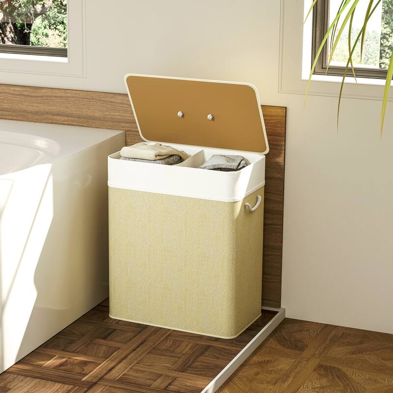 HOMCOM Double Laundry Basket with Lid, 26.4 Gallon Bamboo Laundry Hamper with Rope Handles, Clothes Hamper with Removable Liner