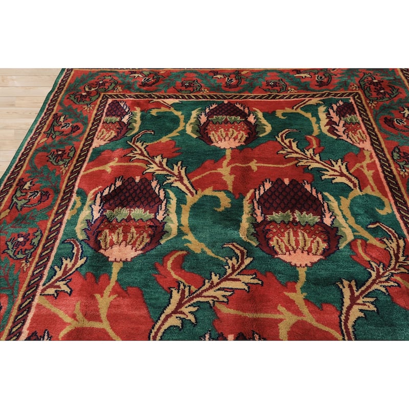 7'9''x9'10'' Hand Knotted Wool Teal-Green Arts & Crafts Boho Plush Pile Rug - 7' 9'' x 9' 10''