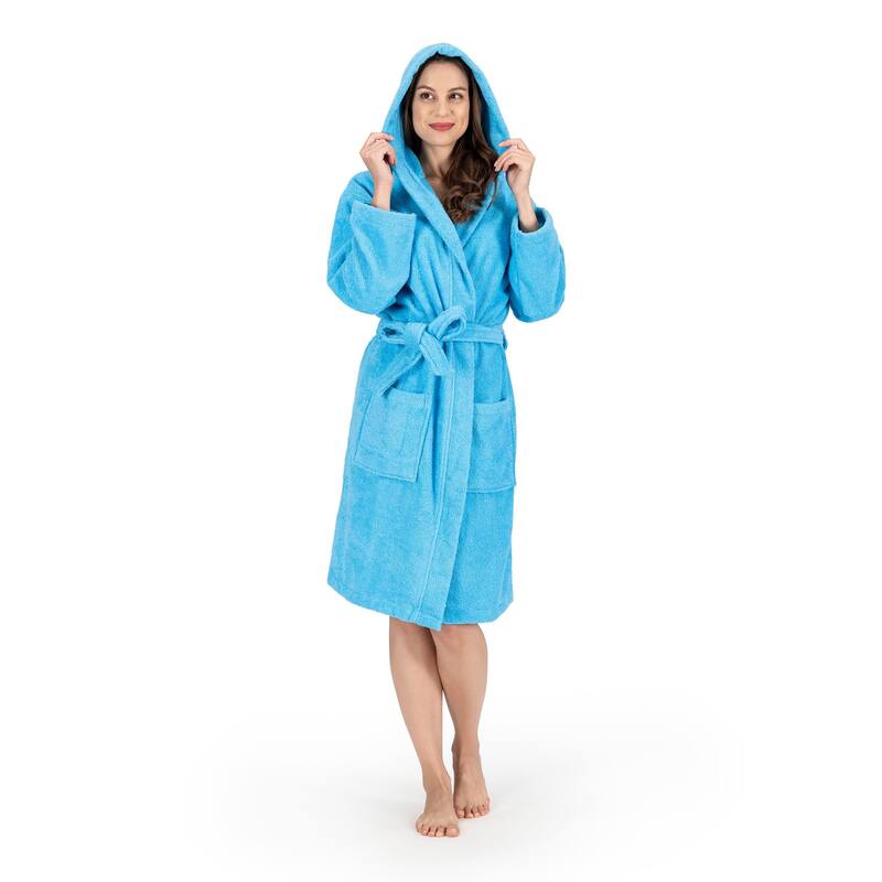 Luxury Hooded Terry Cotton Unisex Bathrobe Collection - S - Aqua
