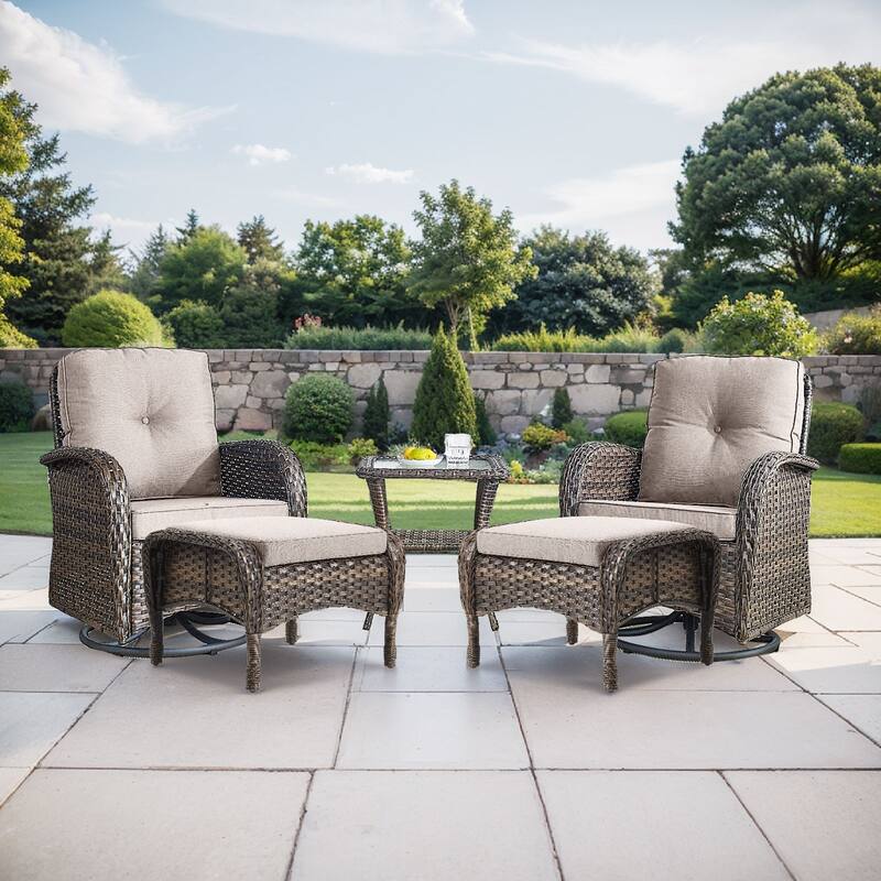 Gymojoy 5-Piece Outdoor Wicker Patio Swivel Chair & Ottoman Set, Rattan Coversation Set with Water Resistant Cushions - Brown Wicker / Beige Cusion - 5-Piece