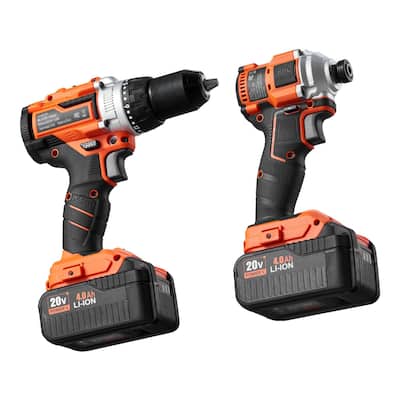 Black and Orange 20V Brushless 2 Tool Impact Drill and Impact Driver Set with 4Ah Batteries - 7.9 x 3 x 10.6 in (20V)
