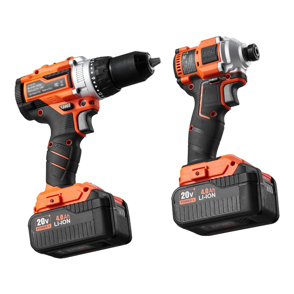 Black and Orange 20V Brushless 2 Tool Impact Drill and Impact Driver Set with 4Ah Batteries - 7.9 x 3 x 10.6 in (20V)