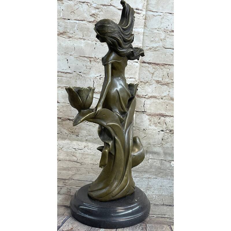 Art Nouveau Female Figure Bronze Candle Holder Candelabra Sculpture By Kin
