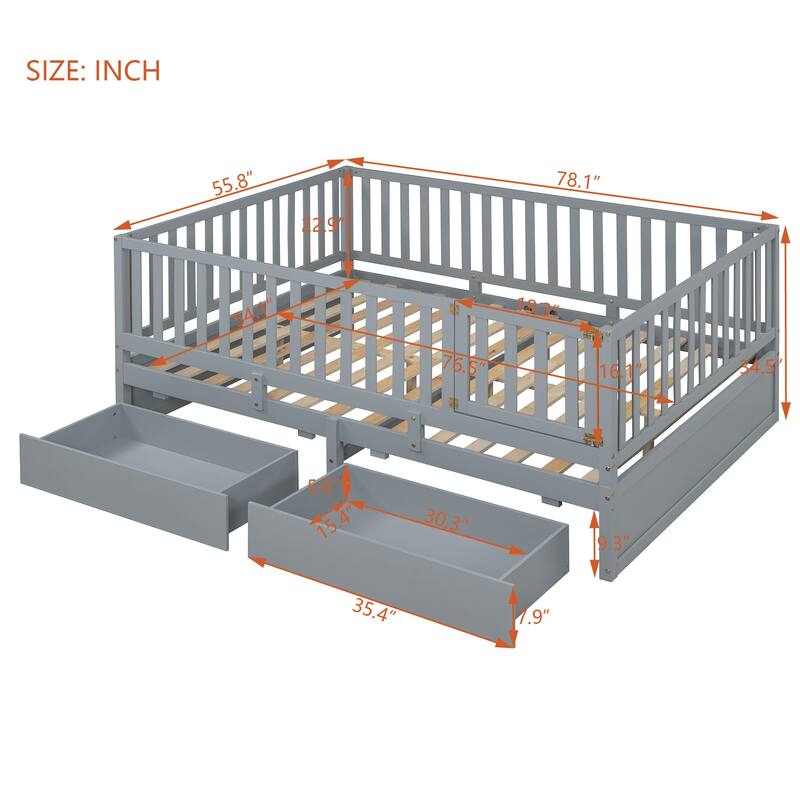 Gray Full Size Solid Wood Daybed with Guardrails & 2 Drawers