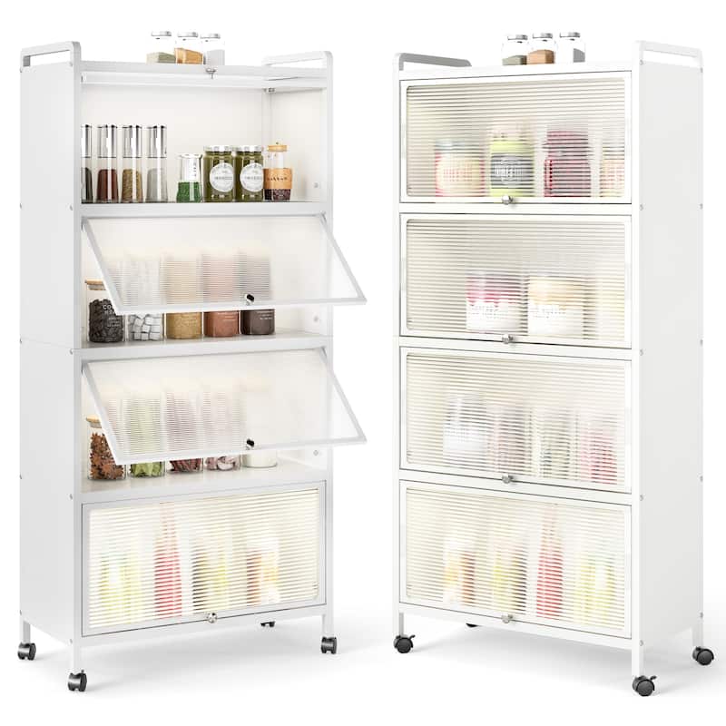Metal Pantry Storage Cabinet with Flip Doors, Shelves and Casters - 28" x 13" x 62" - White