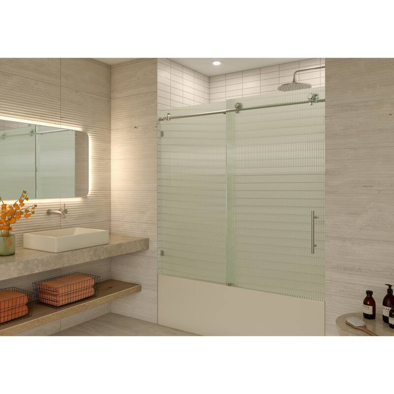 Galaxy 60 in. x 60 in. Fully Frameless Fluted Glass Sliding Bathtub Doors - Righthand - Brushed Nickel