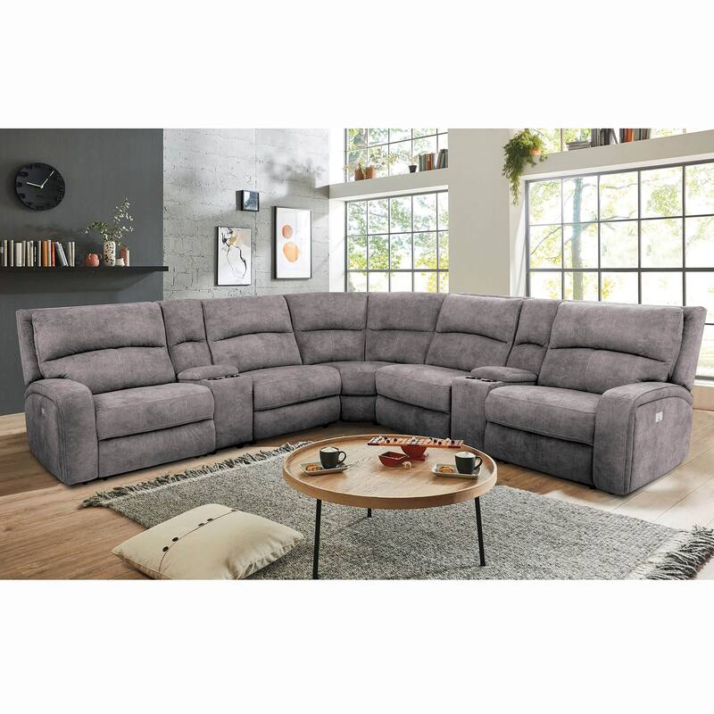 Furniture of America Hili Light Grey Upholstered Power Recline Sectional with Console and USB Port - Light Grey