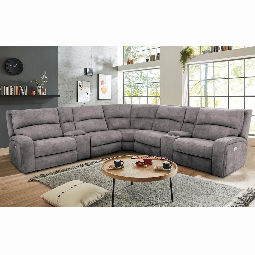 Furniture of America Hili Light Grey Upholstered Power Recline Sectional with Console and USB Port