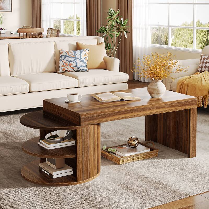 39 Inches Rustic Coffee Table with Storage Shelves - 39.3" L x 23.6" W x 19.69" H