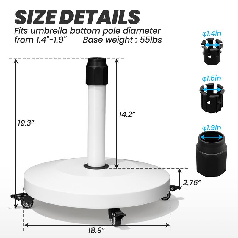 55 lbs Patio Market Umbrella Base Stand Cement/Concrete Weights Base Holder with Wheels - Dia. 18.9" x 18.1" high